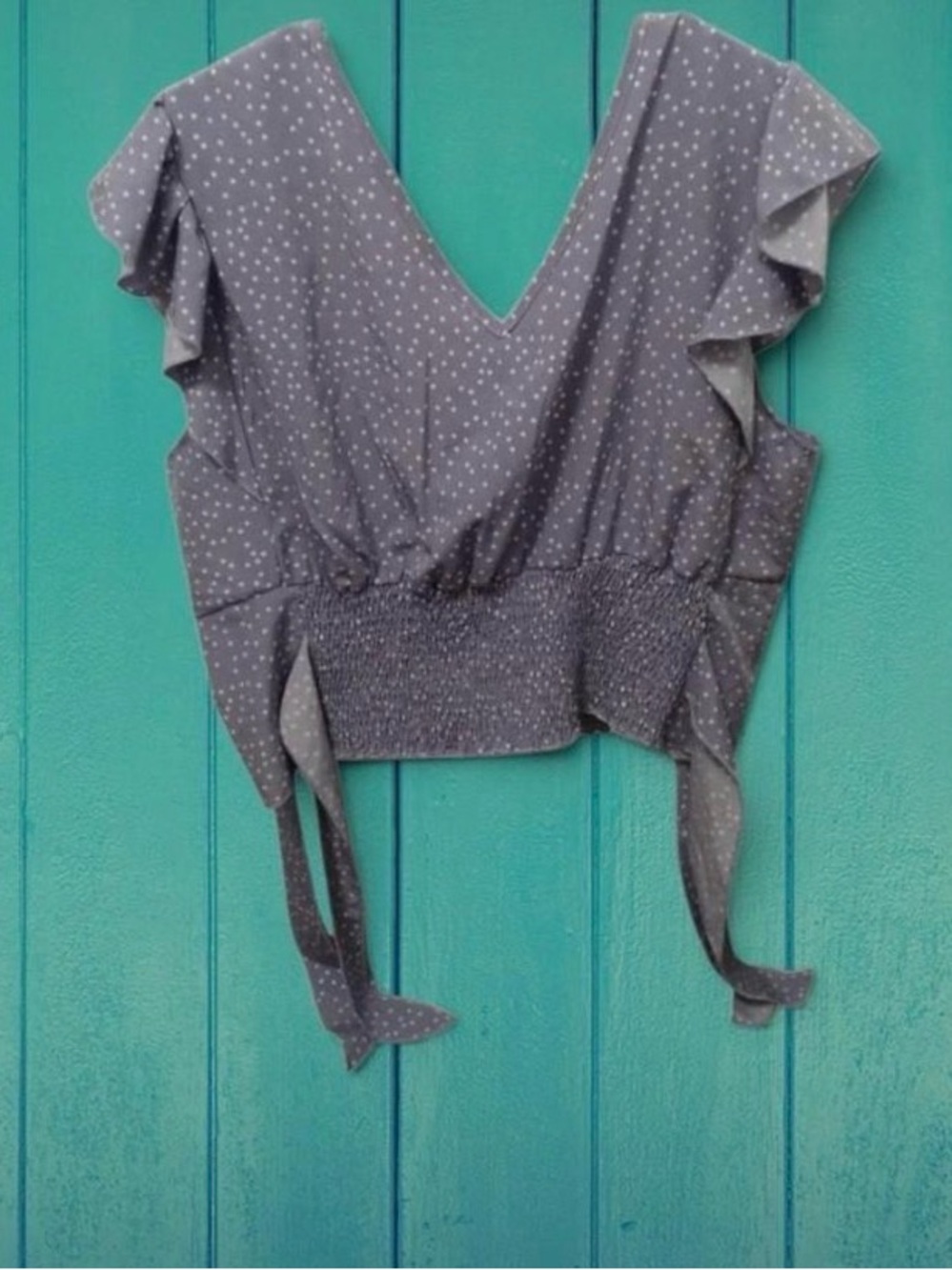 Smocked Waist Polka Dot V-Neck Blouse